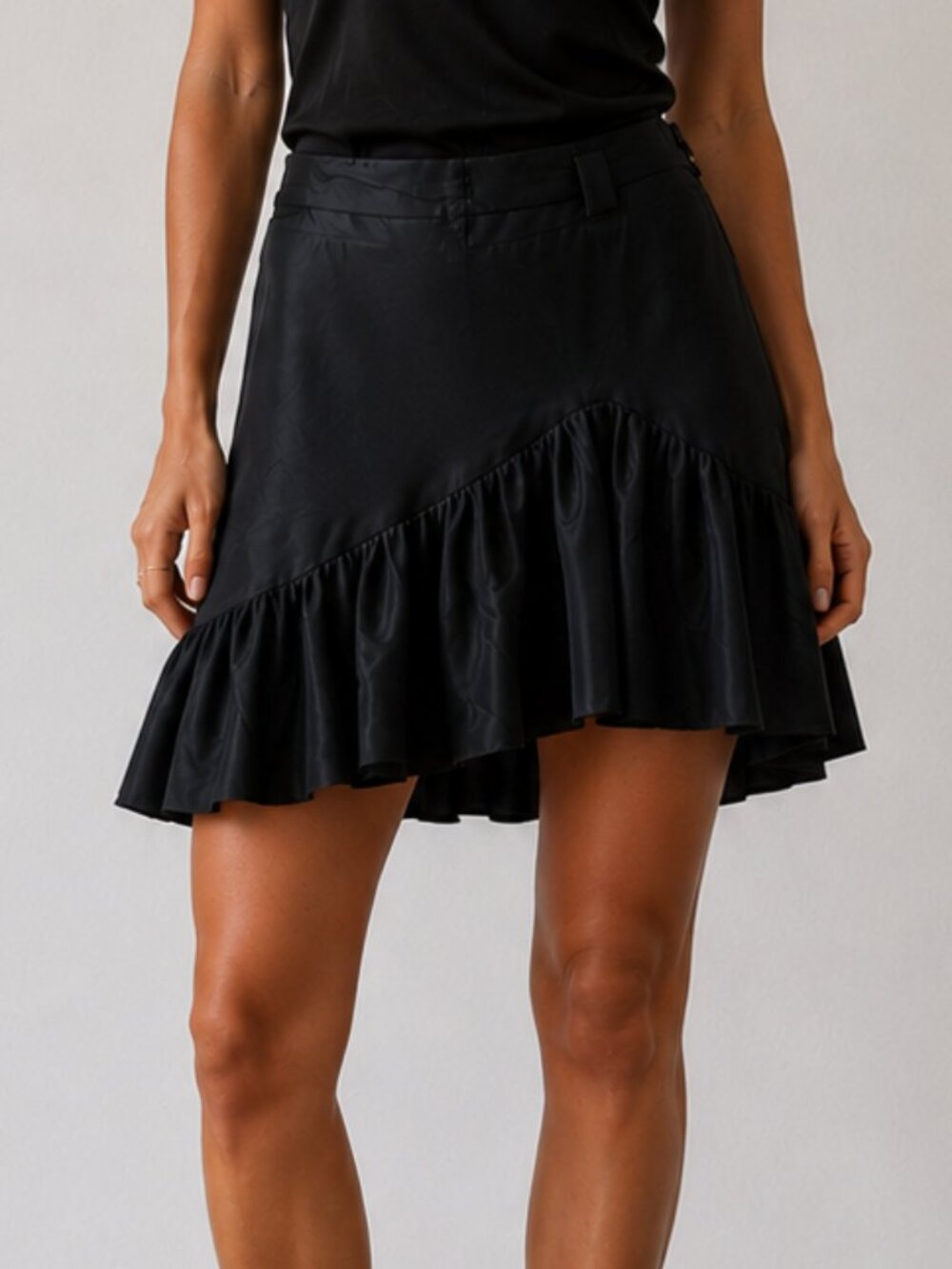 Maison Mayle Black Asymmetrical Ruffle Mini Silk Skirt - Women 8